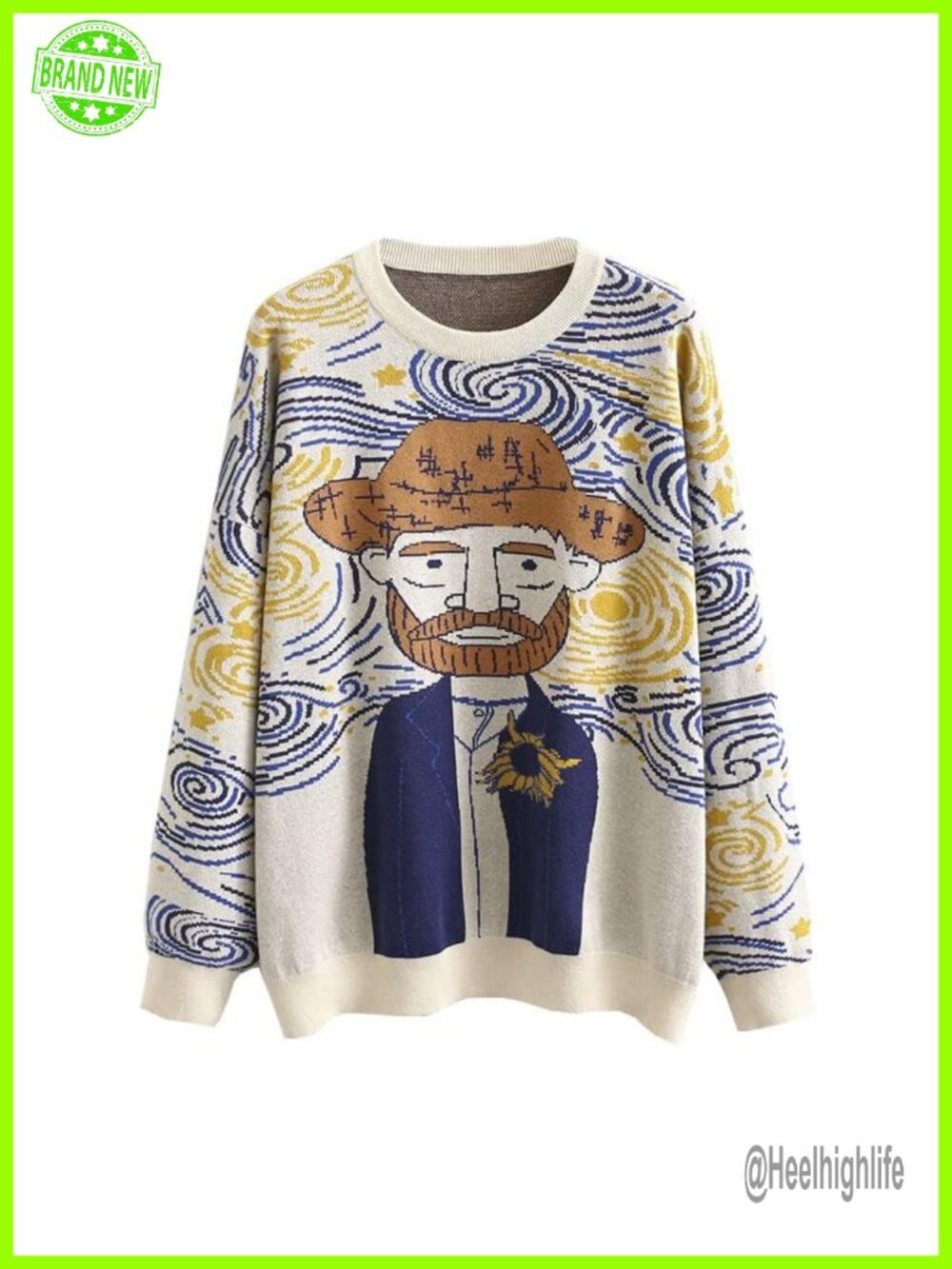 Womens Long Sleeve Crew Neck Knit Pullover Sweatshirt Van Gogh Casual